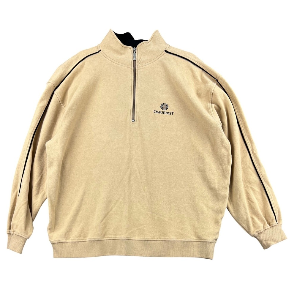 Straight Down Pullover Mens Large Oakhurst 1/4 Zip Sweatshirt Tan Cotton Good